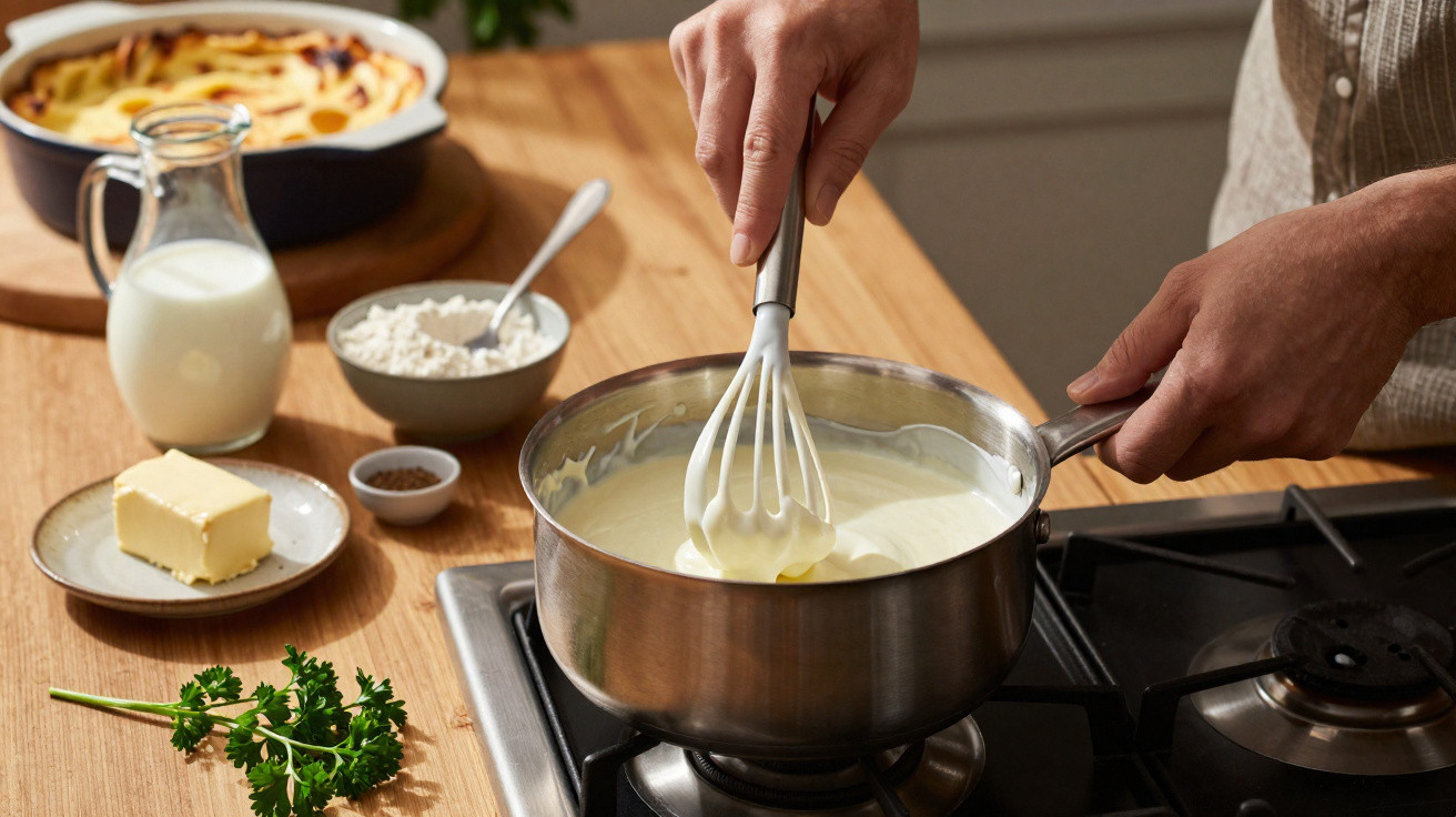 Mãos mexendo molho branco numa panela ao lume, com ingredientes espalhados sobre a mesa de madeira.