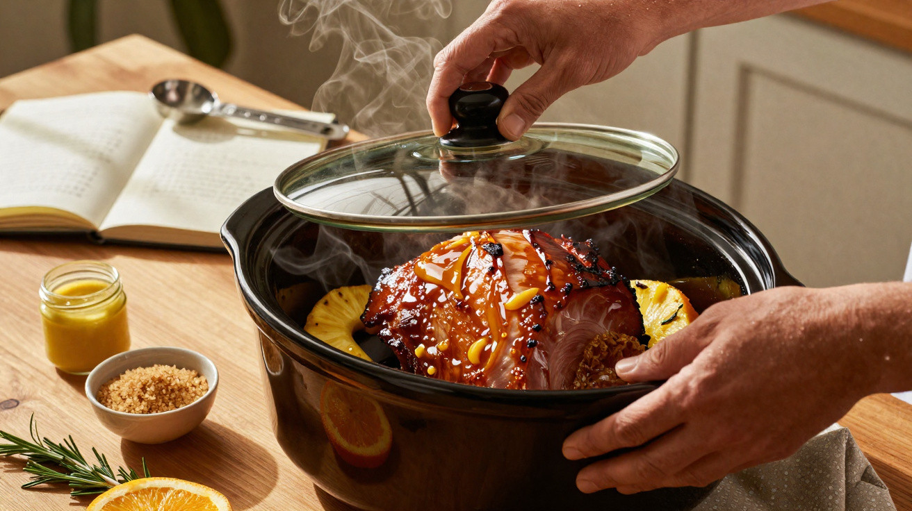 Mãos a levantar tampa de panela com pernil assado fumegante, fatias de ananás e temperos numa cozinha.