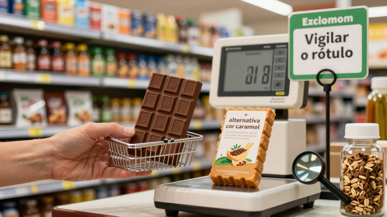 Pessoa a pesar barra de chocolate num supermercado com mensagem para vigiar o rótulo.