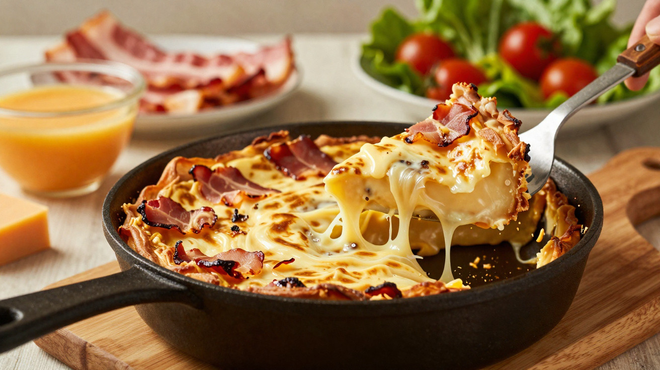 Tigela de ferro com queijo derretido e fatias de bacon, com um garfo tirando uma porção.