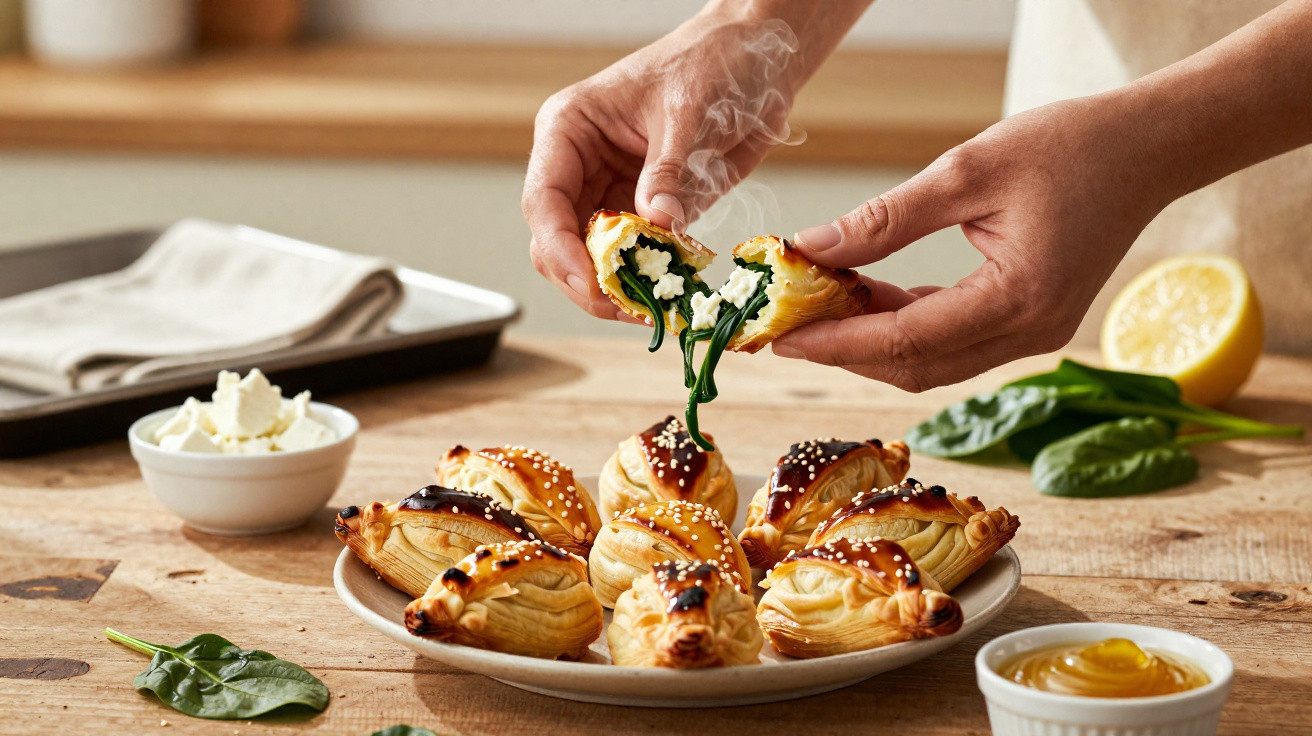 Mãos a partir um pastel de massa folhada com espinafre e queijo, em prato com mais pastéis sobre mesa de madeira.
