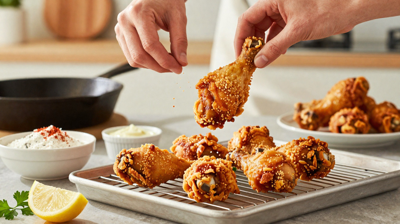 Mãos a temperar coxinhas de frango fritas com especiarias numa grelha, com limão e molhos ao lado.