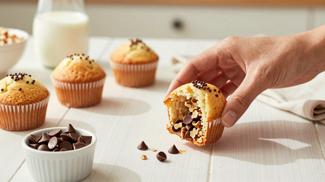 Mão a segurar um muffin com interior recheado de pepitas de chocolate sobre mesa com mais muffins e chocolate.