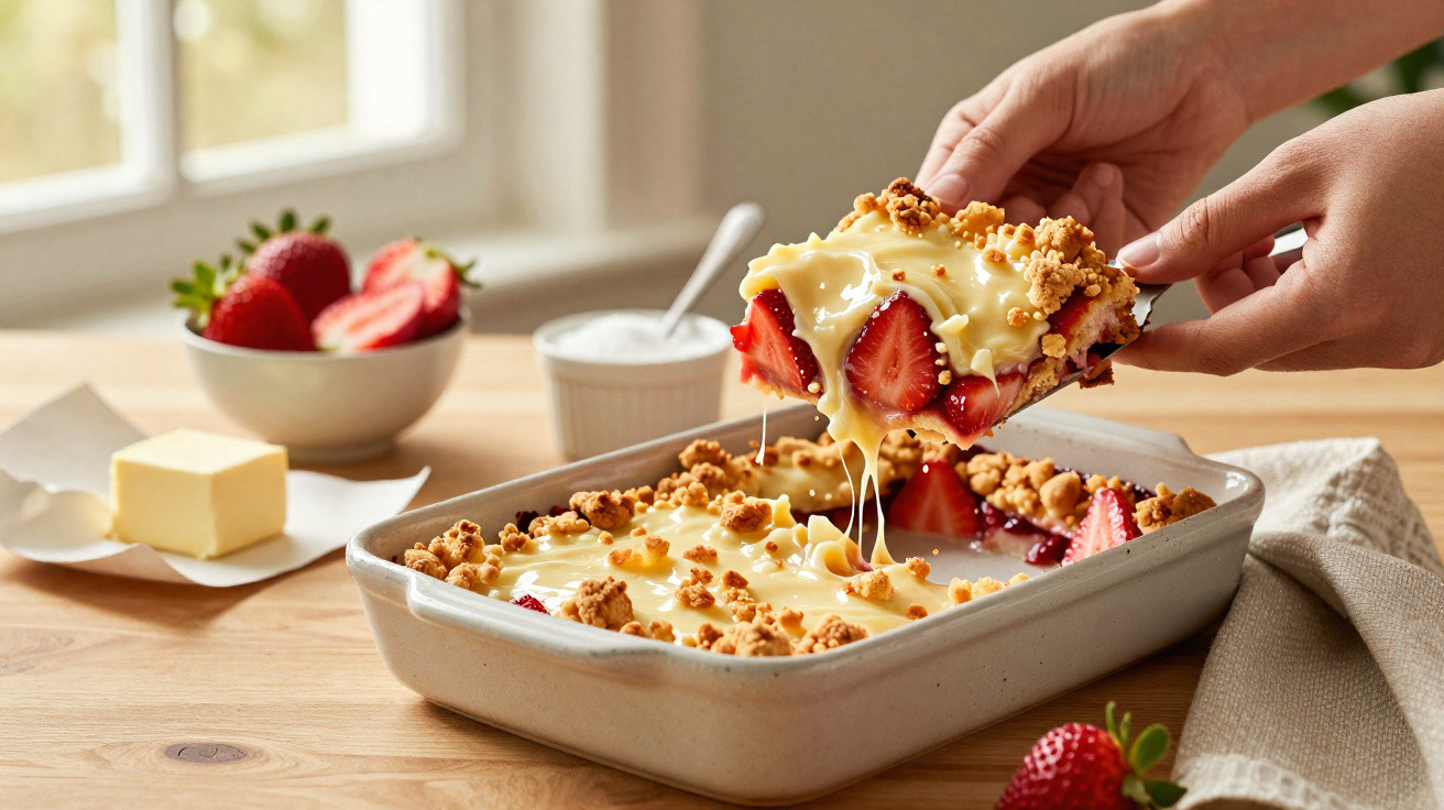 Mãos a retirar fatia de sobremesa cremosa com morangos e crumble de forma rectangular numa mesa de madeira.