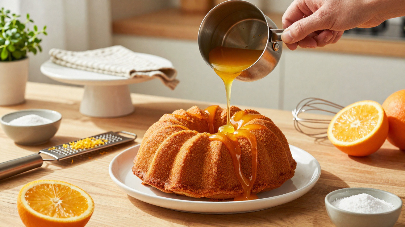 Bolo de laranja em prato branco com calda a ser derramada, à volta laranjas e utensílios de cozinha.
