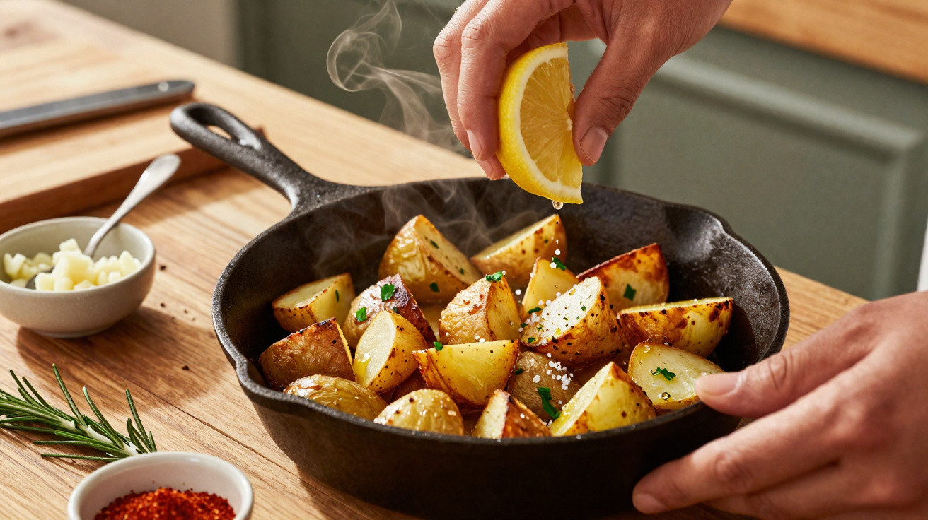 Batatas assadas numa frigideira de ferro, temperadas com ervas e sumo de limão a ser espremido por cima.