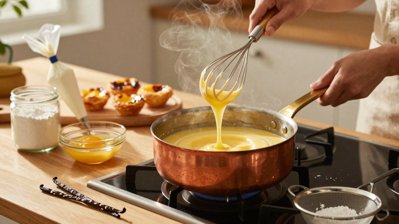 Panela de cobre com creme amarelo a ser mexido, com ovos, farinha e pastéis de nata ao fundo numa cozinha.