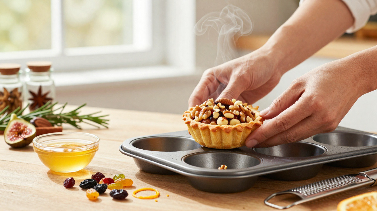 Mãos a retirar tarte de frutos secos quentes e fumegantes de forma para muffins numa cozinha iluminada.