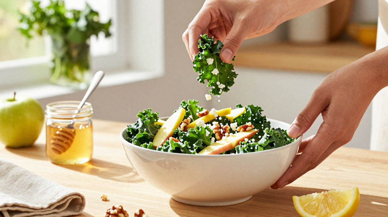 Mãos a temperar salada com folhas verdes, fatias de maçã, nozes e queijos num prato branco.