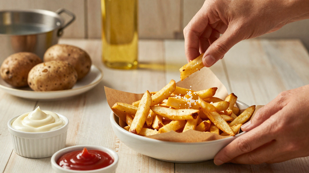 Mãos a pegar fatia de batata frita salgada numa taça com batatas e molhos de maionese e ketchup.