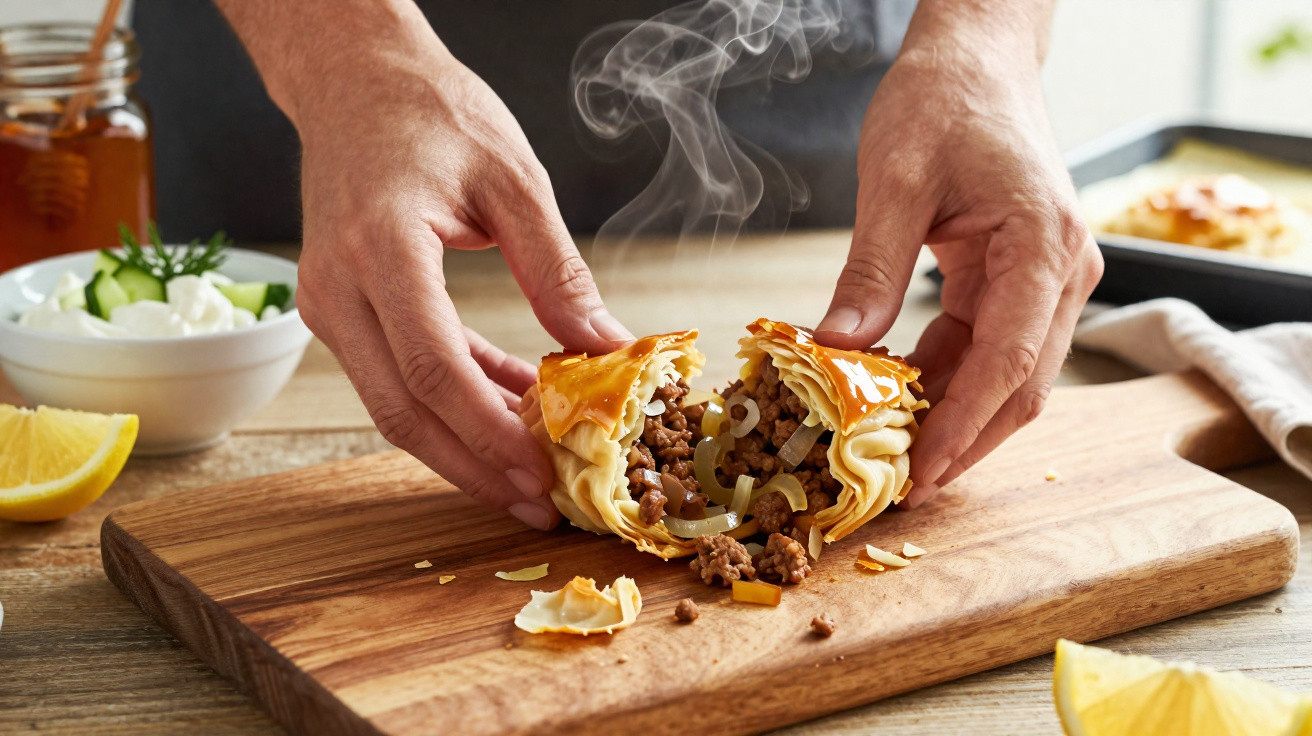 Mãos a partir um pastel quente recheado com carne picada e cebola numa tábua de madeira rústica.