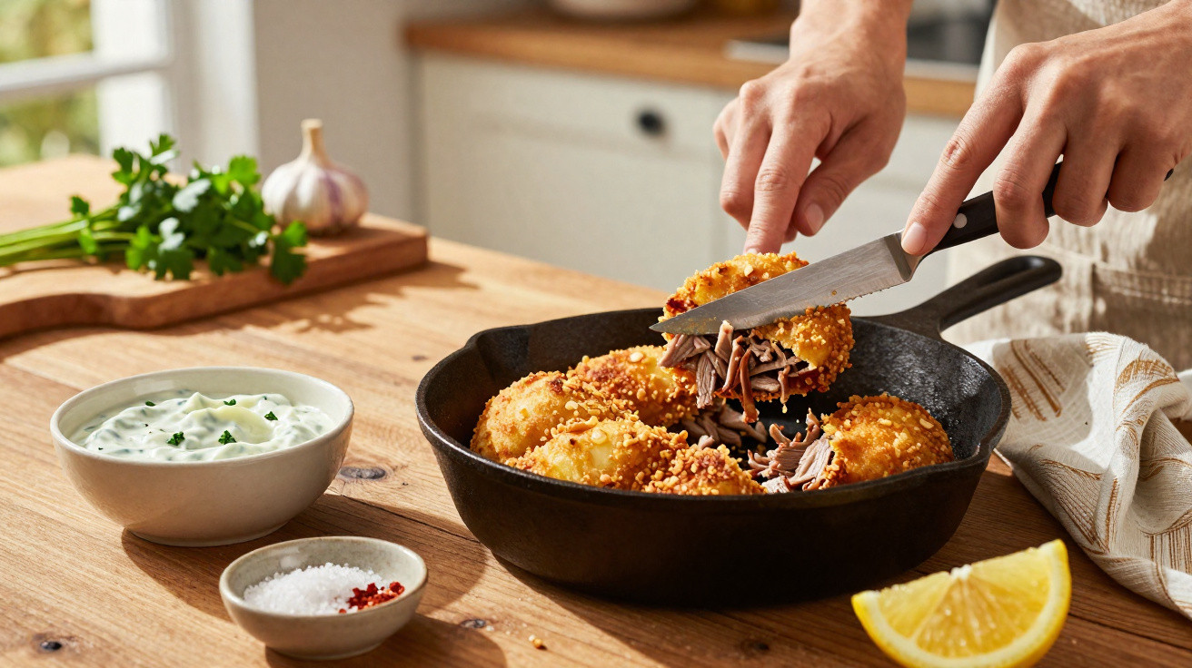 Pessoa a cortar croquetes recheados com carne desfiada numa frigideira preta numa mesa de madeira.