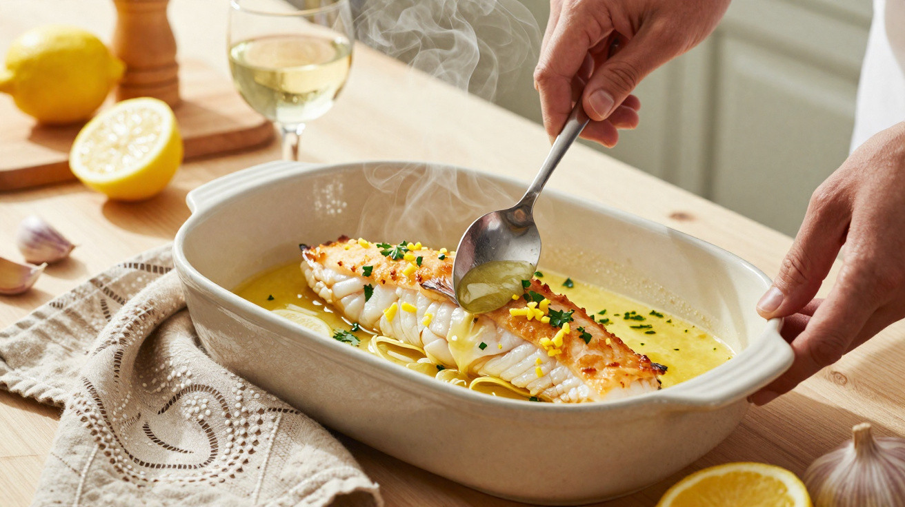Peixe grelhado fumegante num prato com molho amarelo, cortado com limão e ervas, sobre toalha bordada.