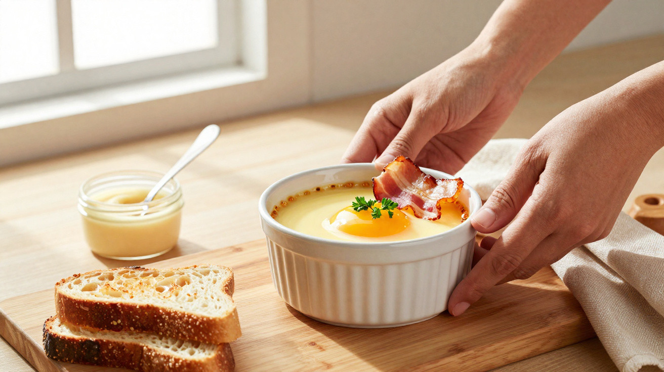 Mãos a segurar tigela branca com creme, ovo estrelado, bacon, pão fatiado e molho sobre tábua de madeira.