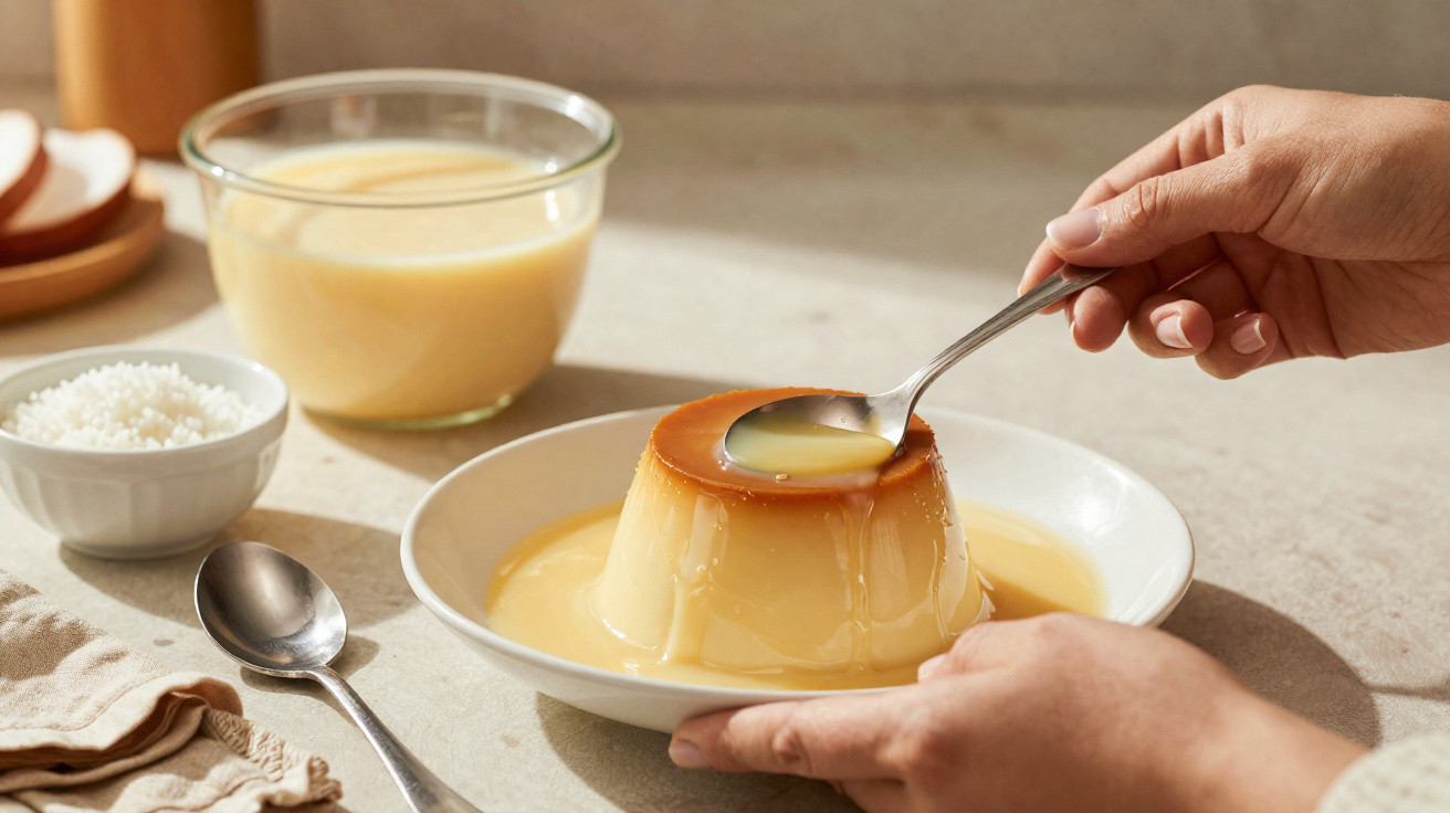 Pudim de caramelo servido num prato branco, com uma pessoa a pegar uma colherada do pudim.