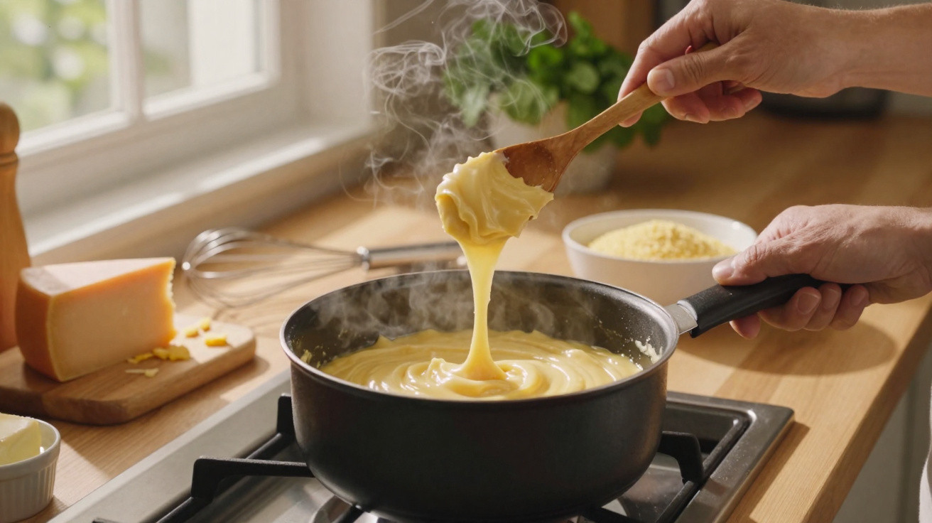 Pessoa a mexer polenta cremosa quente numa panela preta, com queijo e cuscuz ao fundo numa cozinha.