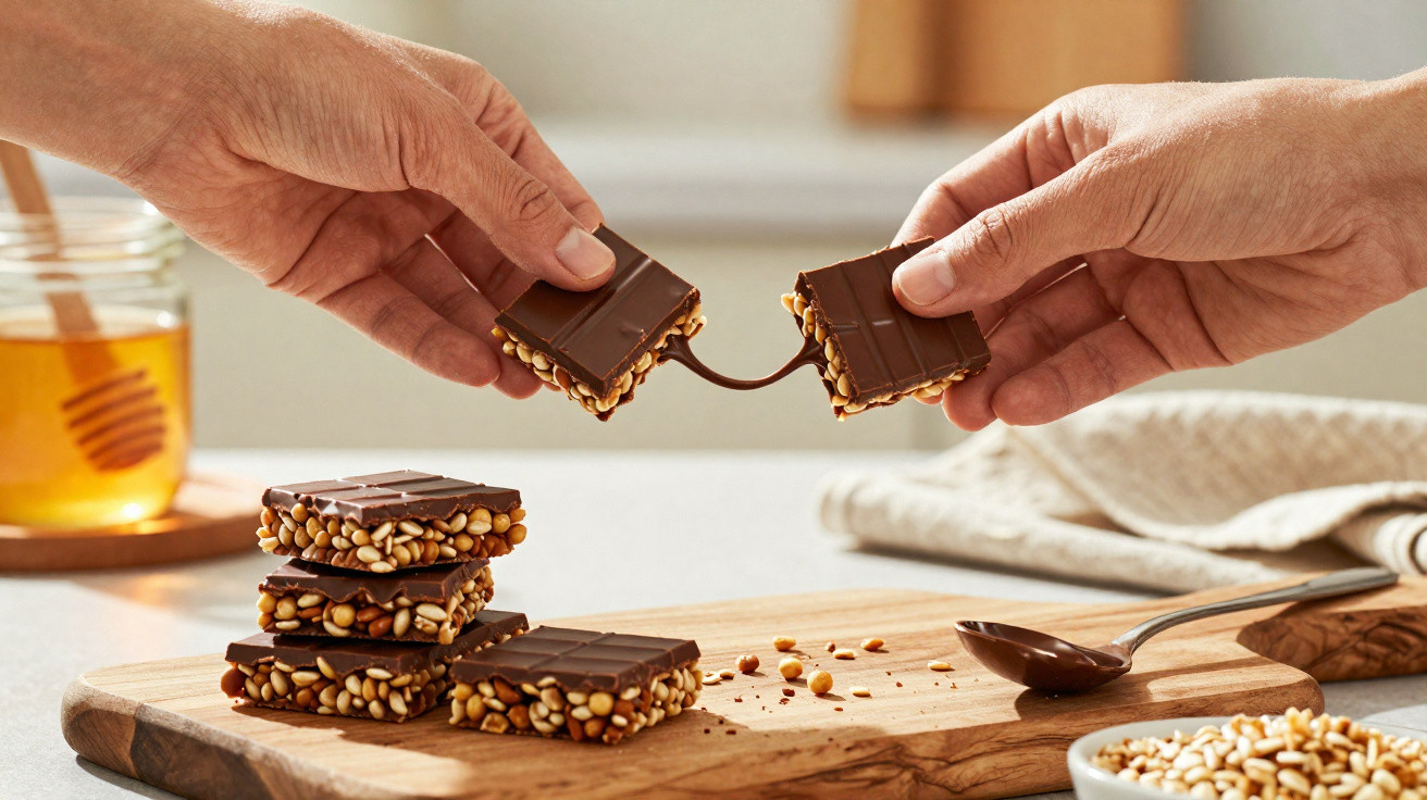 Duas mãos seguram barras de chocolate com sementes, sobre uma tábua de madeira, ao lado de um frasco de mel.