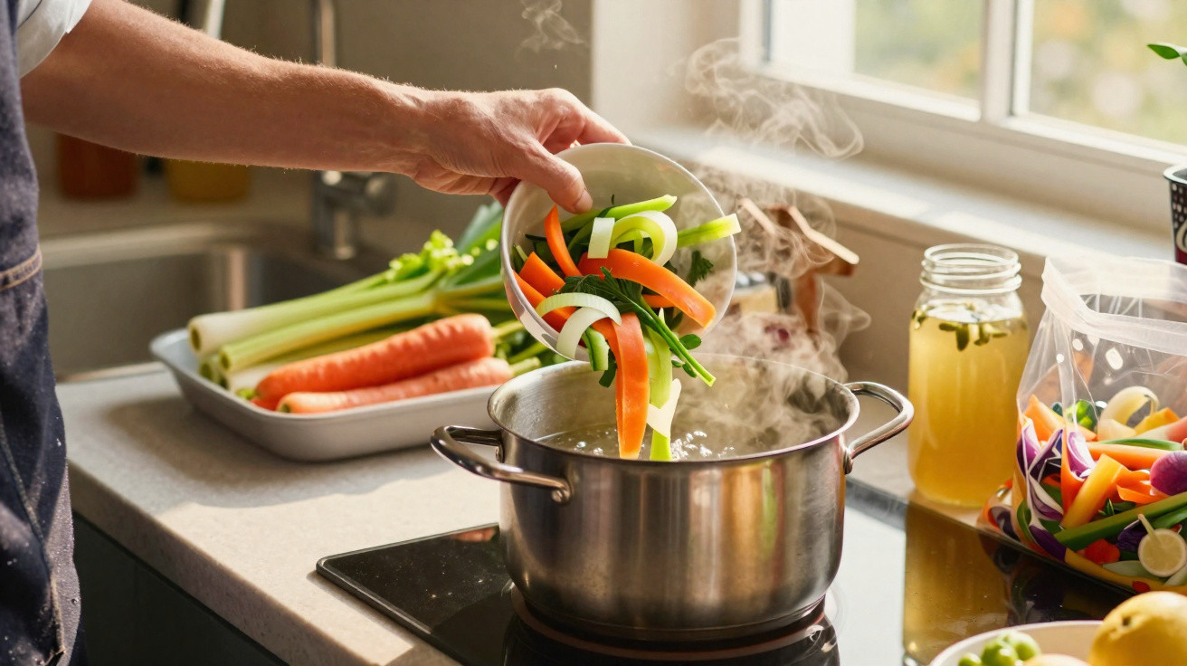 Mão a colocar legumes frescos numa panela de inox com vapor numa cozinha iluminada por luz natural.