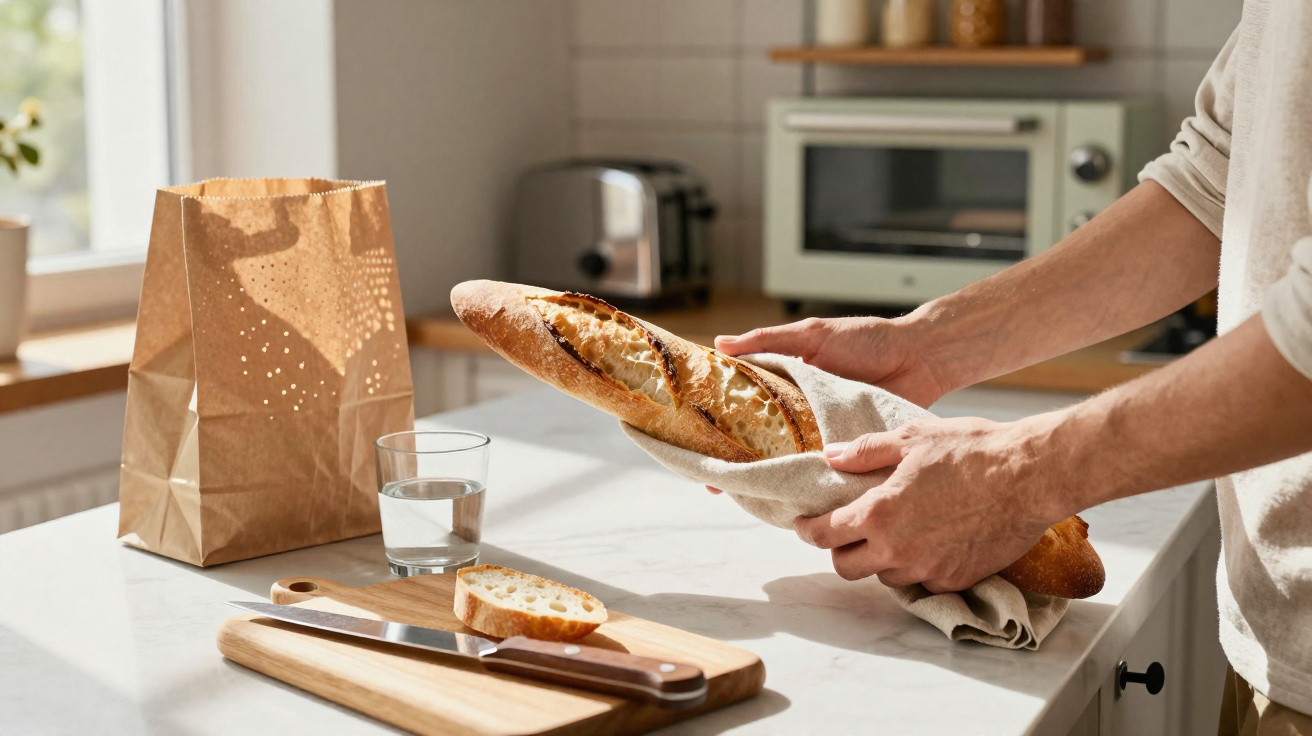 Pessoa a segurar baguete com pano em cozinha, com pão cortado, faca, copo e saco de papel na bancada.