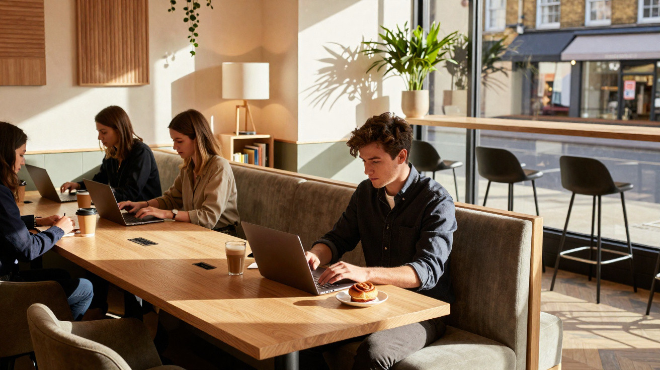 Quatro jovens sentados num café moderno a trabalhar em computadores portáteis junto a uma grande janela.