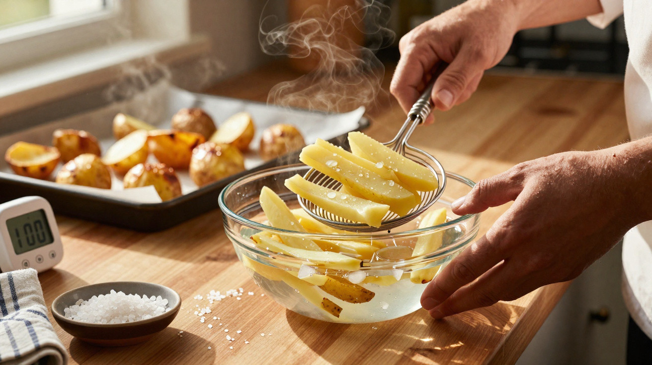 Mãos a escorrer batatas cortadas em palitos cozidas, com vapores e batatas assadas ao fundo na bancada da cozinha.