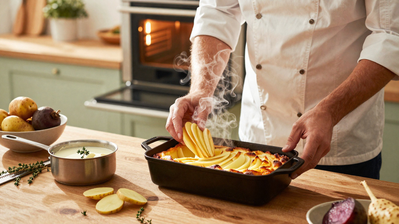Cozinheiro a colocar batatas fatiadas numa assadeira com gratinado na cozinha caseira.