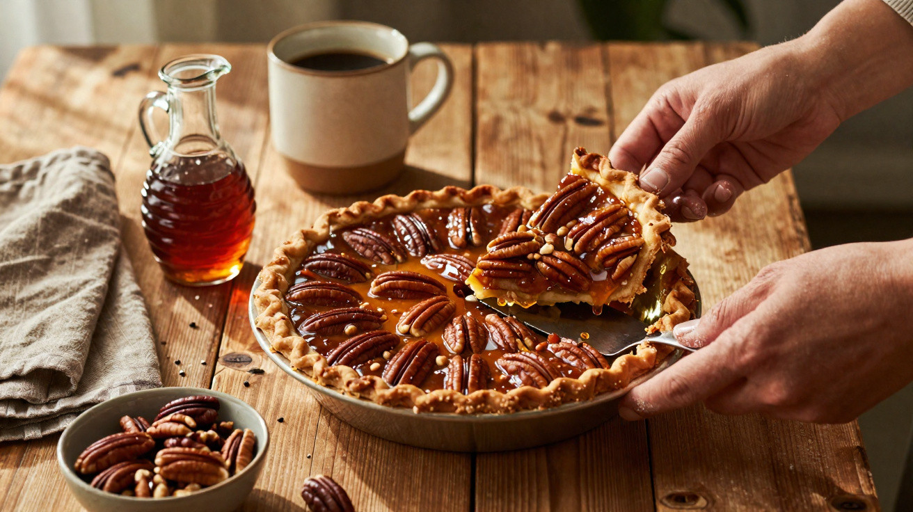 Pessoa a servir uma fatia de tarte de noz-pecã numa mesa com café, xarope e nozes pecã.