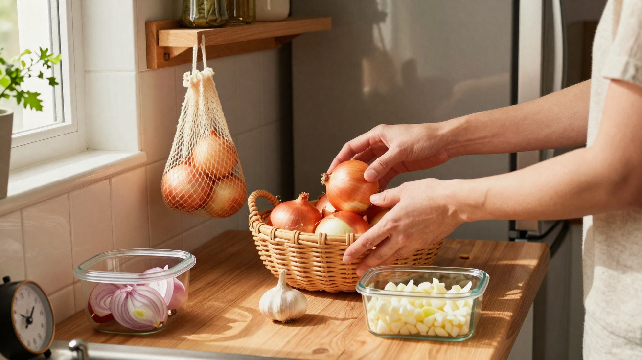 Mãos a colocar cebolas numa cesta de vime na cozinha com alho e cebola cortada à volta.