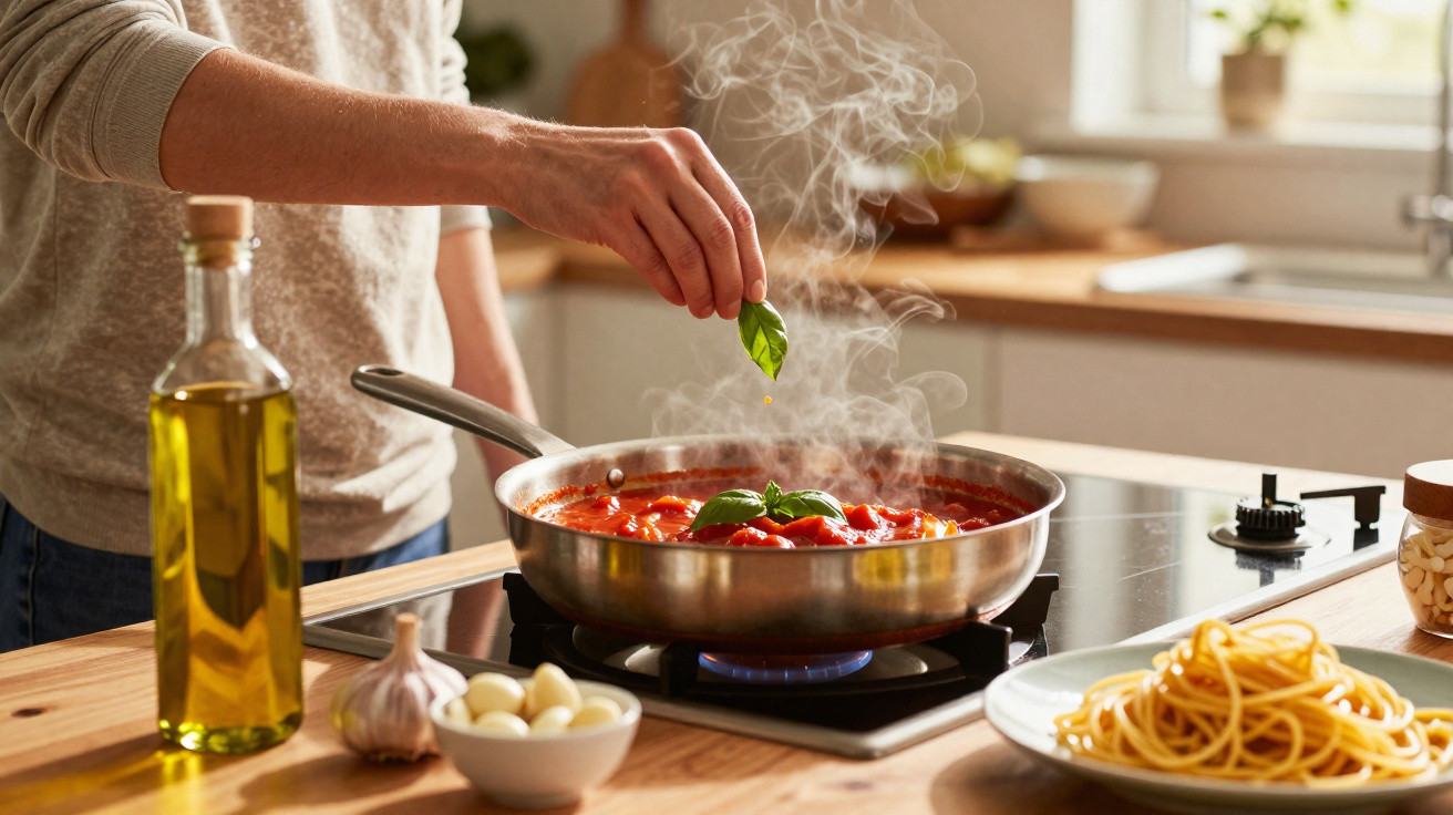 Pessoa a temperar molho de tomate com manjericão numa panela numa cozinha moderna, ao lado de espaguete e azeite.