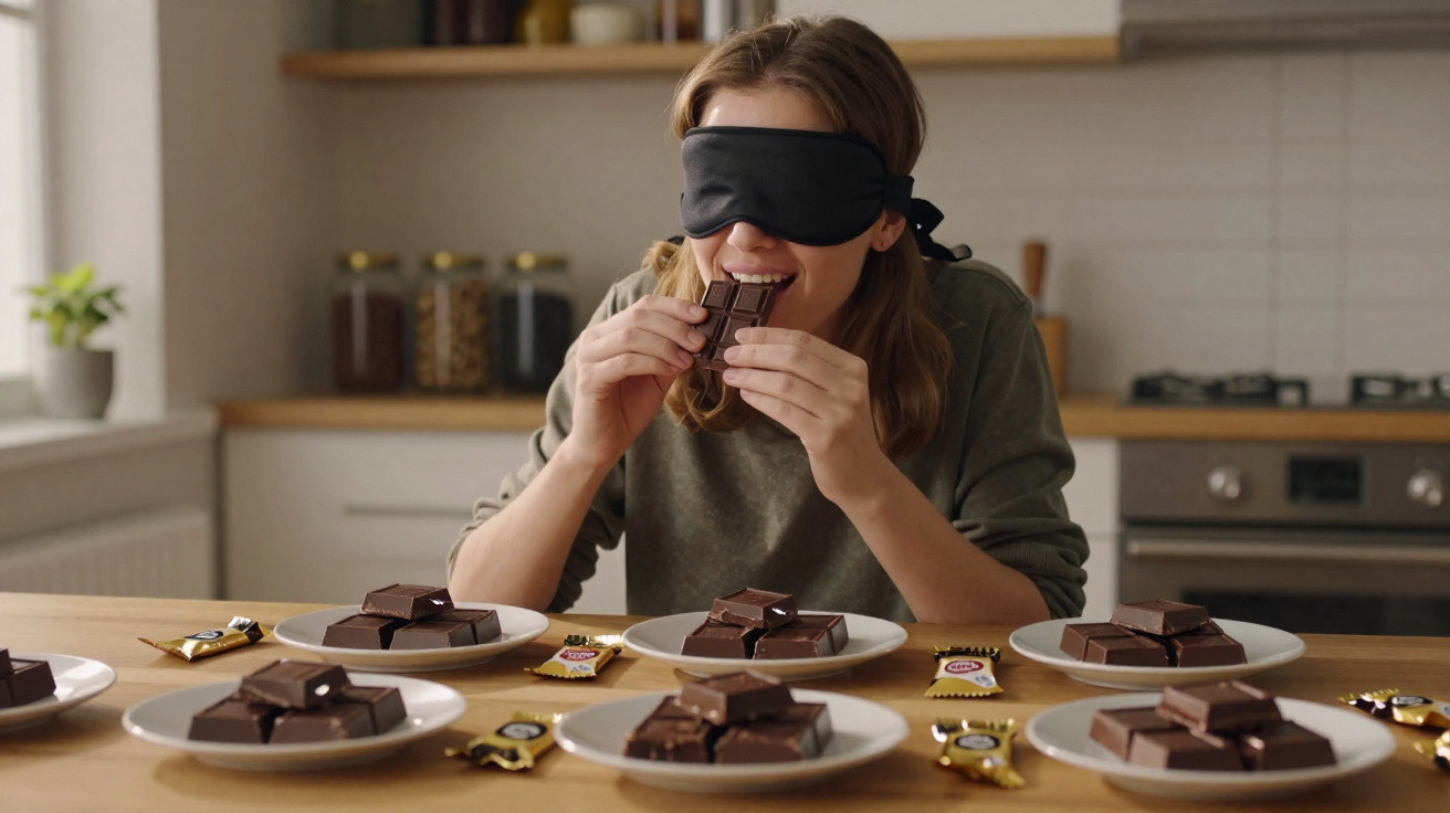 Mulher vendada prova chocolate sentada à mesa com vários pratos de chocolate e barras embaladas à sua frente.
