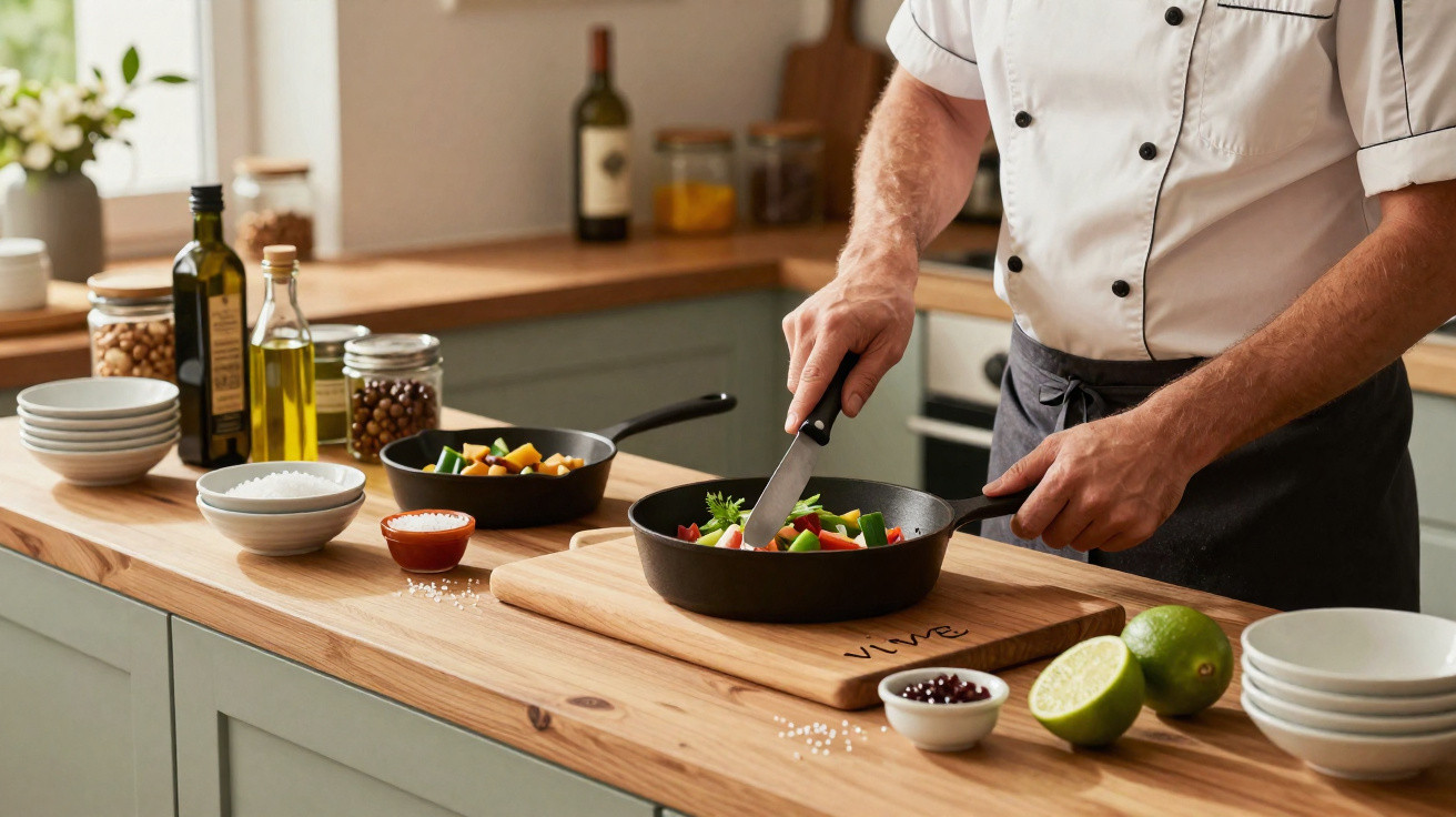 Cozinheiro a cortar legumes frescos numa frigideira numa cozinha moderna com ingredientes ao redor.