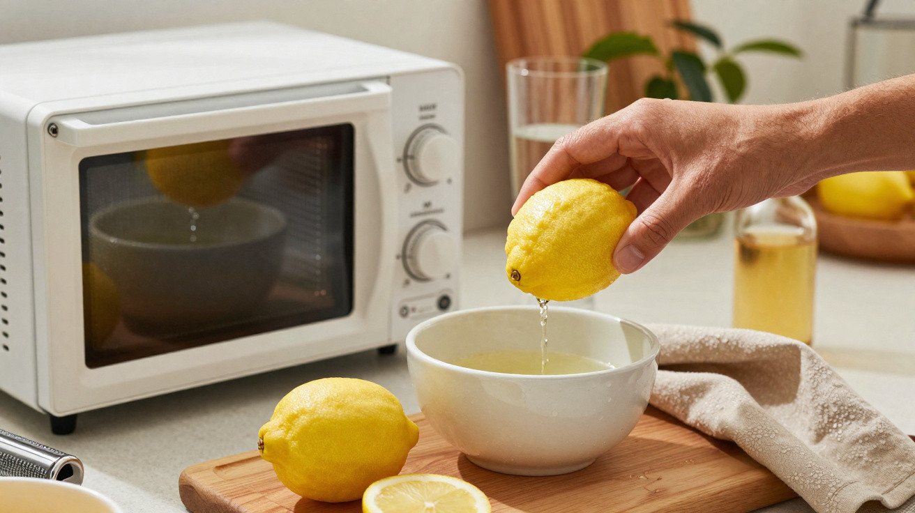 Mão a espremer limão em taça branca numa bancada de cozinha com micro-ondas e outros limões.