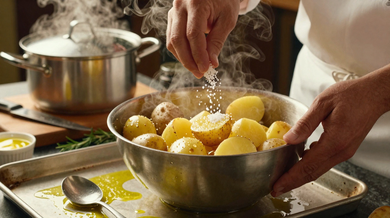 Mãos a temperar batatas cozidas com sal em taça metálica com vapor, junto a tacho e colher numa bancada.