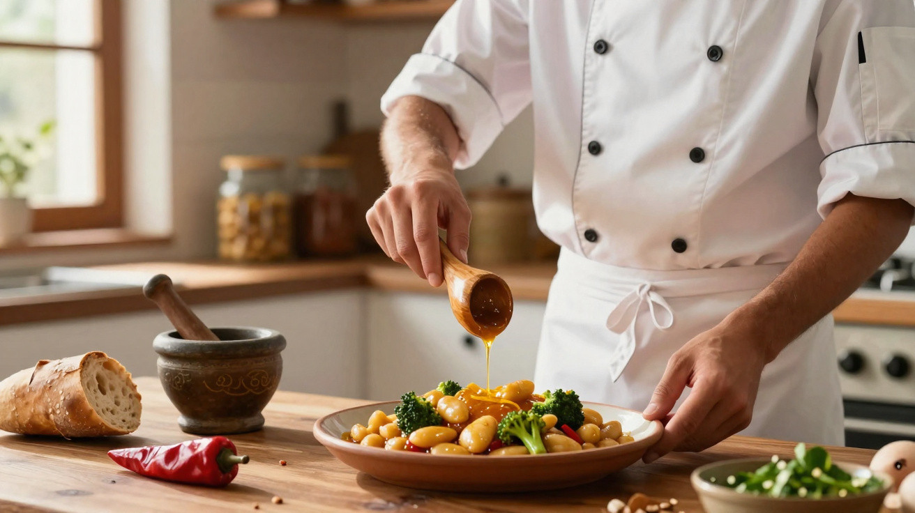 Chef a servir molho sobre prato com legumes e grão-de-bico numa cozinha iluminada e equipada.