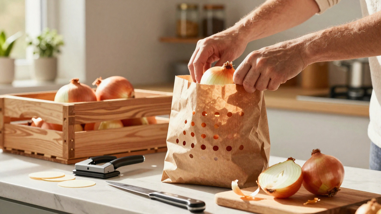 Mãos a colocar cebolas numa embalagem de papel numa cozinha com tabuleiro de madeira e faca na bancada.