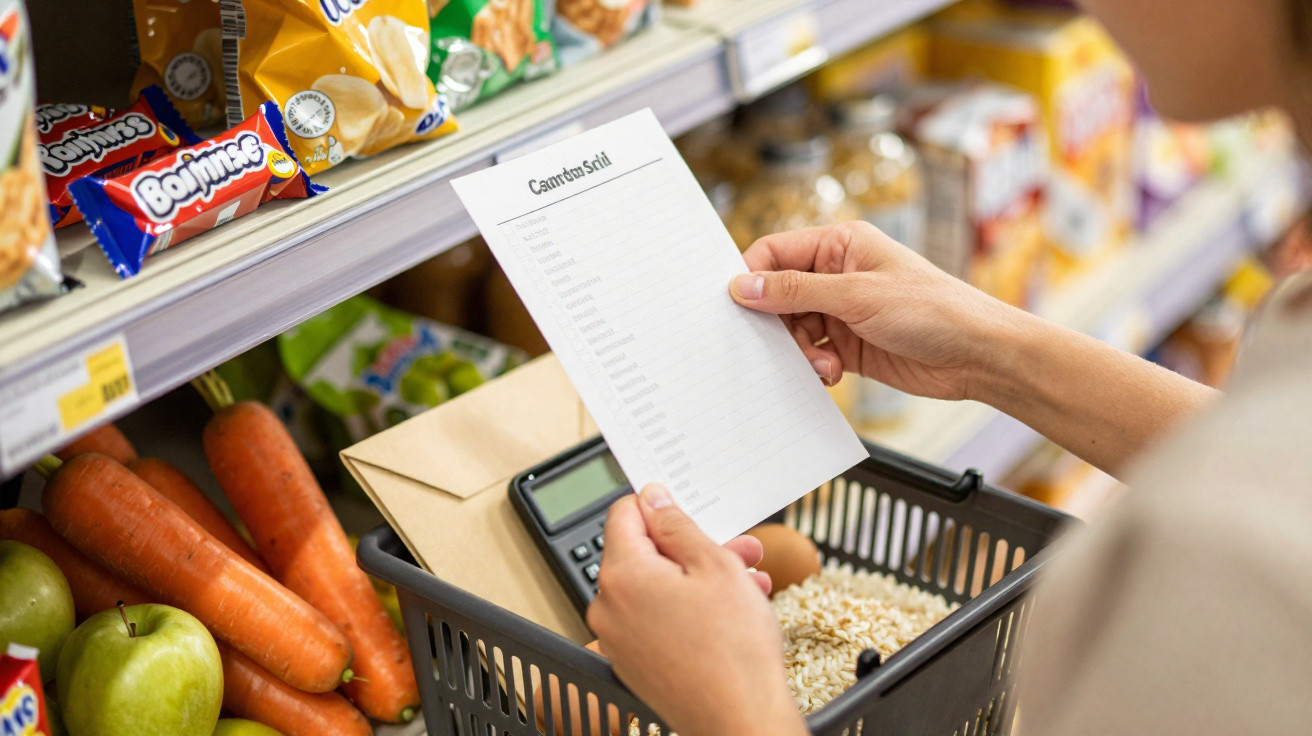 Pessoa numa loja a consultar lista de compras enquanto segura um cesto com legumes frescos e calculadora.