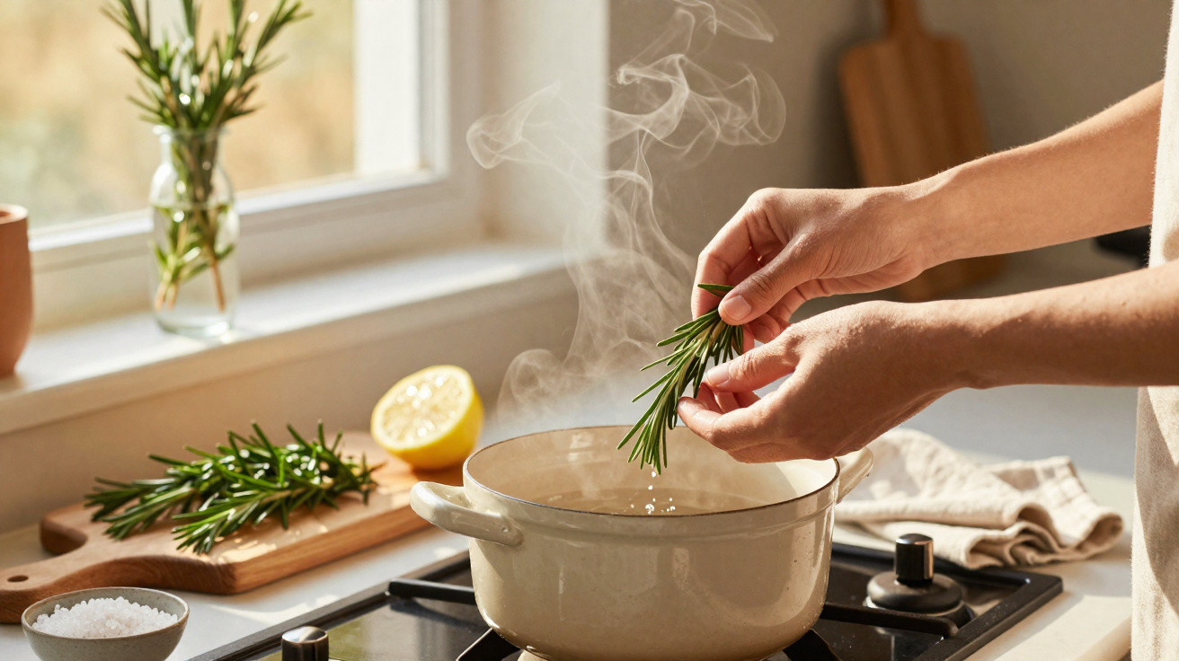 Mãos a adicionar ramo de alecrim a panela a ferver num fogão numa cozinha iluminada pela luz natural.