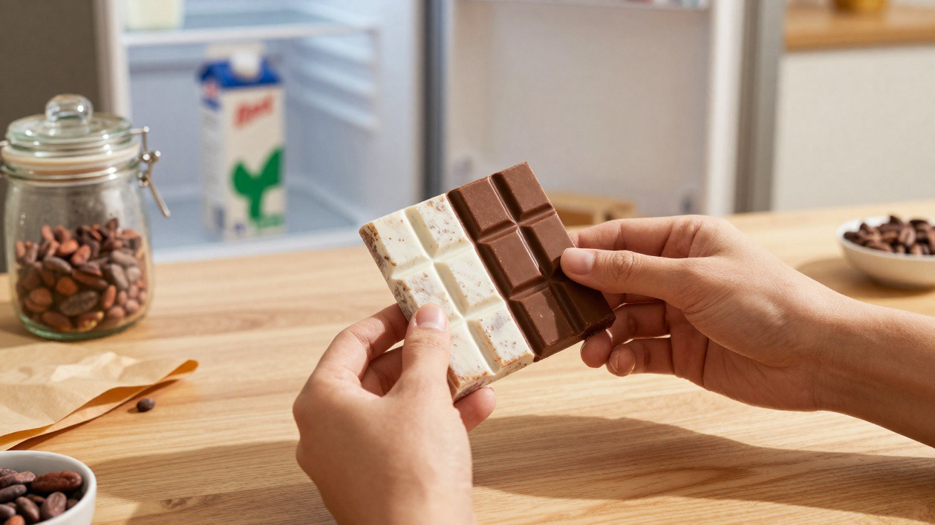 Mãos seguram tablete de chocolate dividido em chocolate branco e preto numa cozinha.