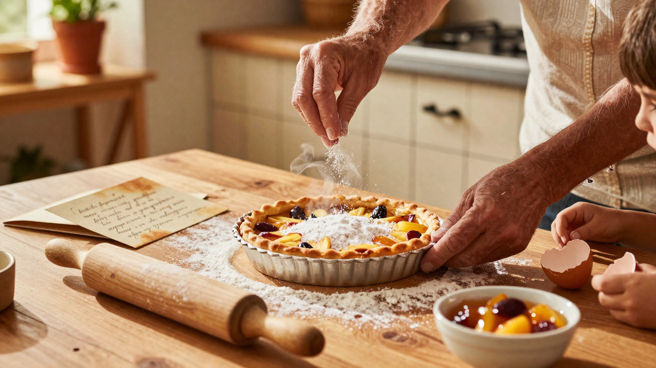 Pessoa a polvilhar açúcar em tarte de fruta numa cozinha com criança a observar.