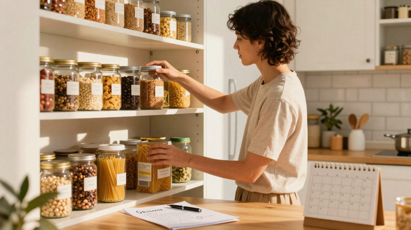 Pessoa a organizar frascos com alimentos secos numa despensa de cozinha iluminada.