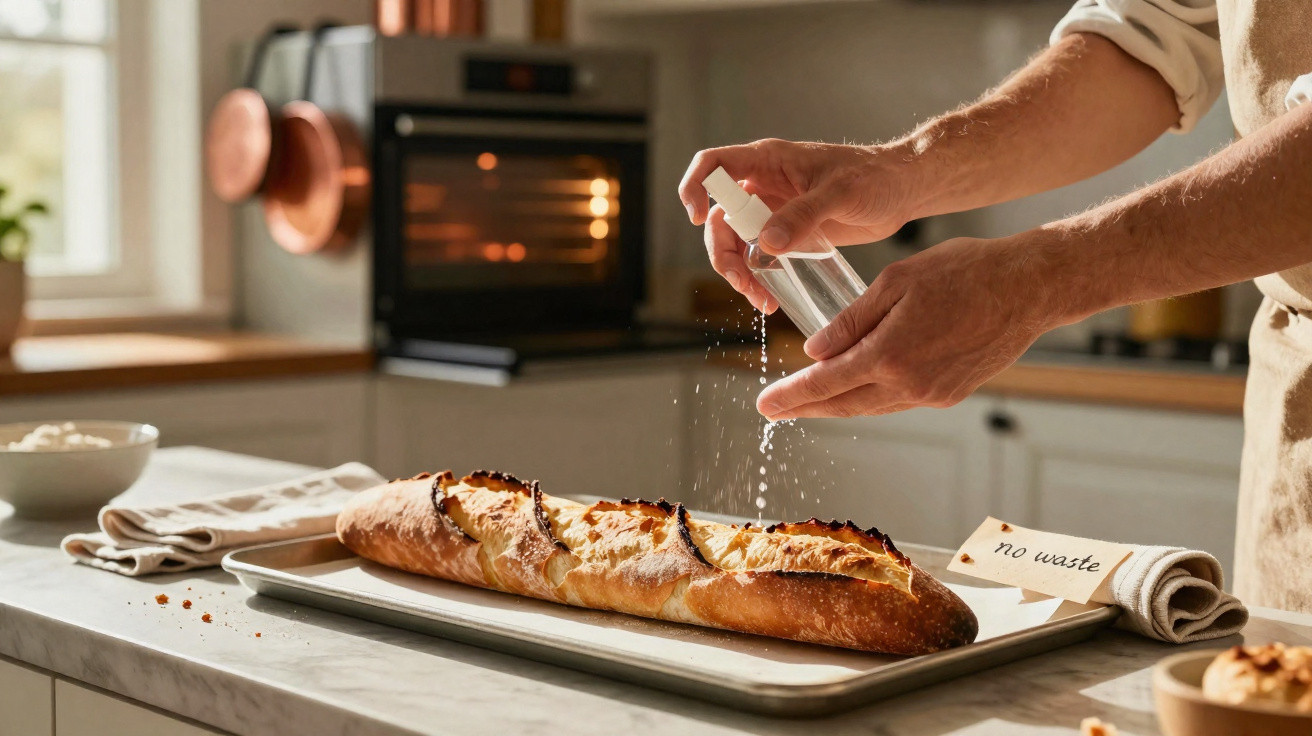 Pessoa pulveriza líquido sobre pão baguete numa cozinha moderna com forno ao fundo.