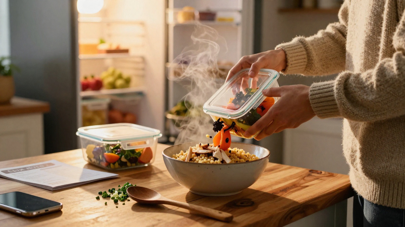 Pessoa a colocar salada colorida numa tigela de sopa fumegante numa cozinha moderna.