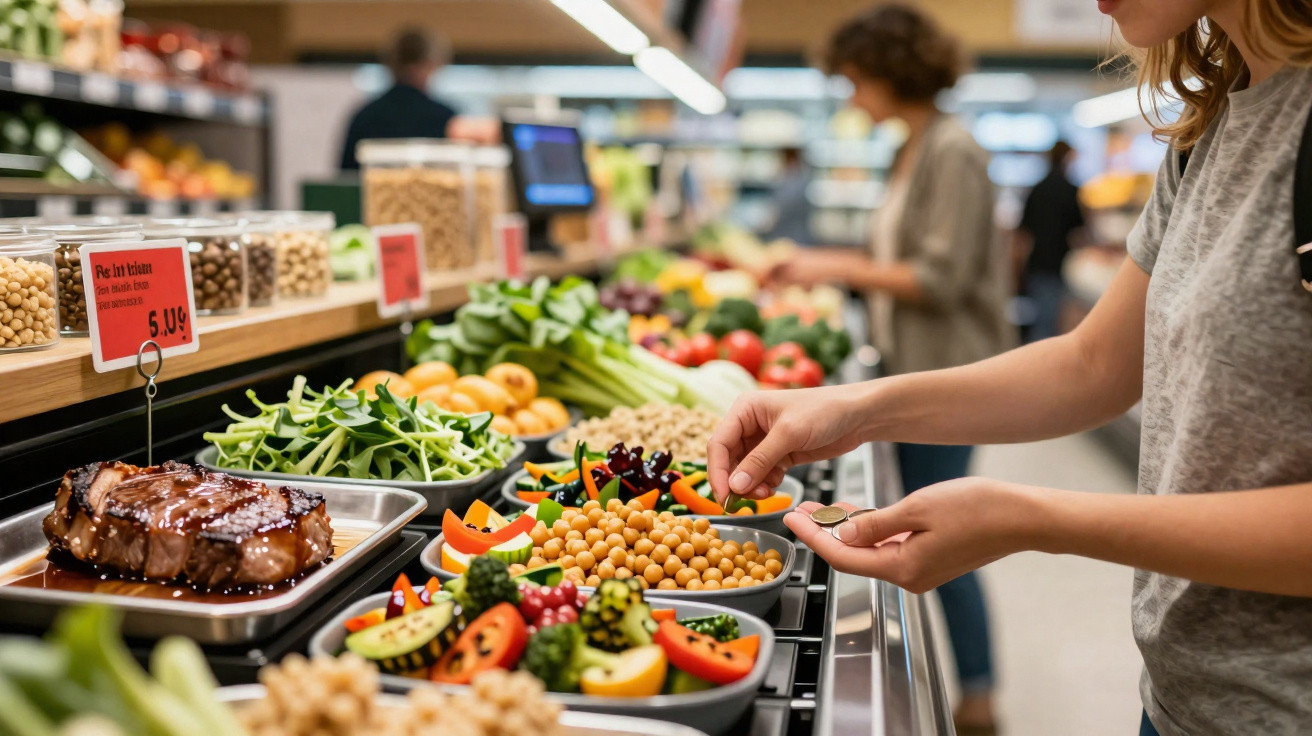 Pessoa a pagar com moedas numa banca de supermercado com legumes, frutas e carne expostos.