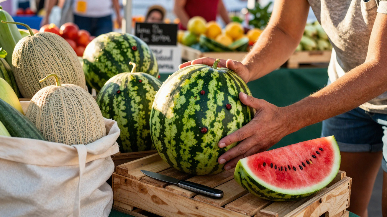 Pessoa a escolher melancia num mercado ao ar livre com melões e outros frutos à venda.