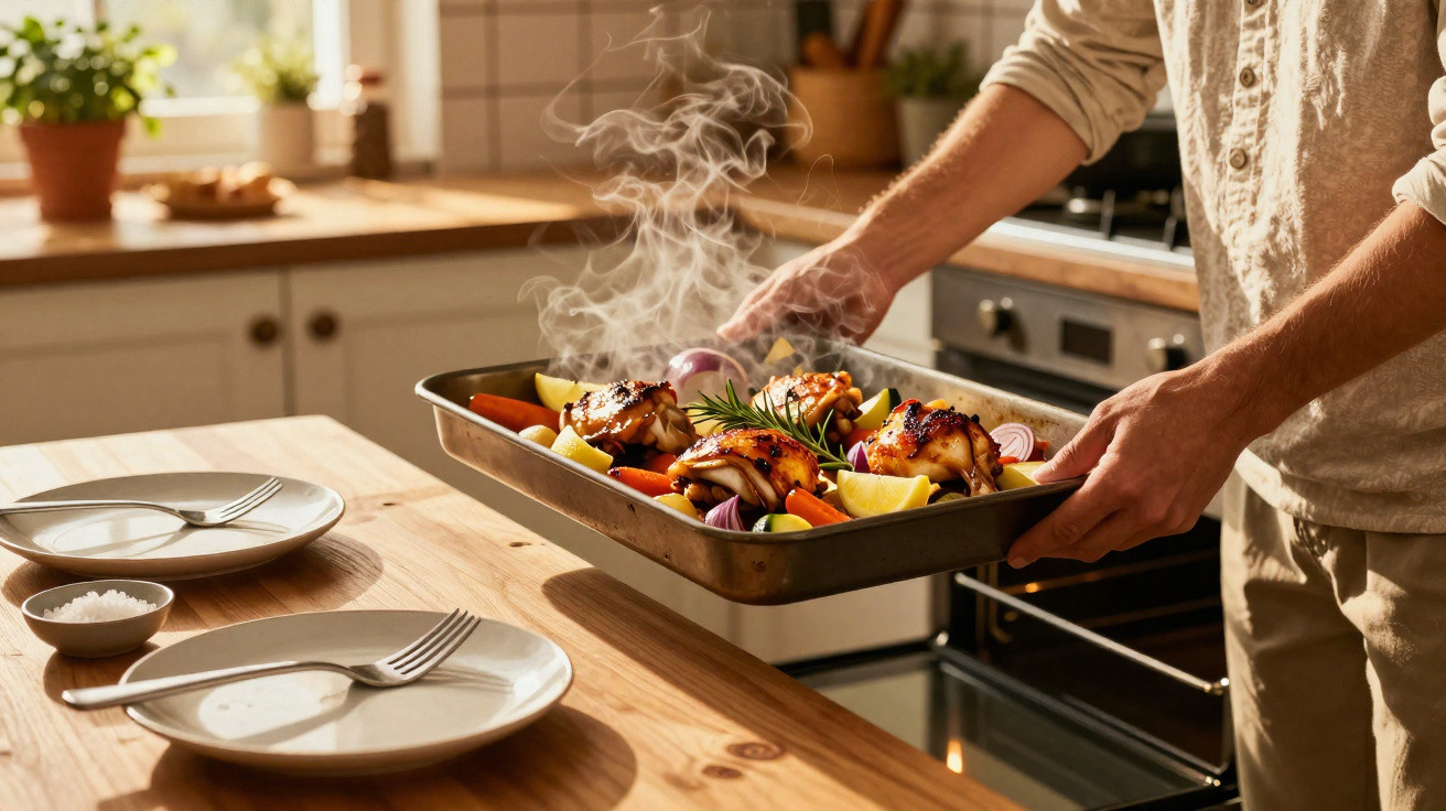 Pessoa a retirar do forno um tabuleiro com frango assado, legumes e limão numa cozinha iluminada.