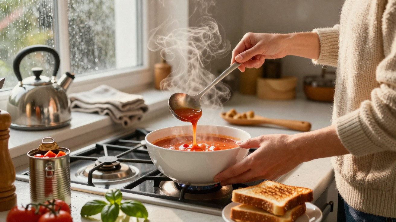 Pessoa a servir sopa quente numa tigela branca na cozinha junto a fatias de pão torrado.