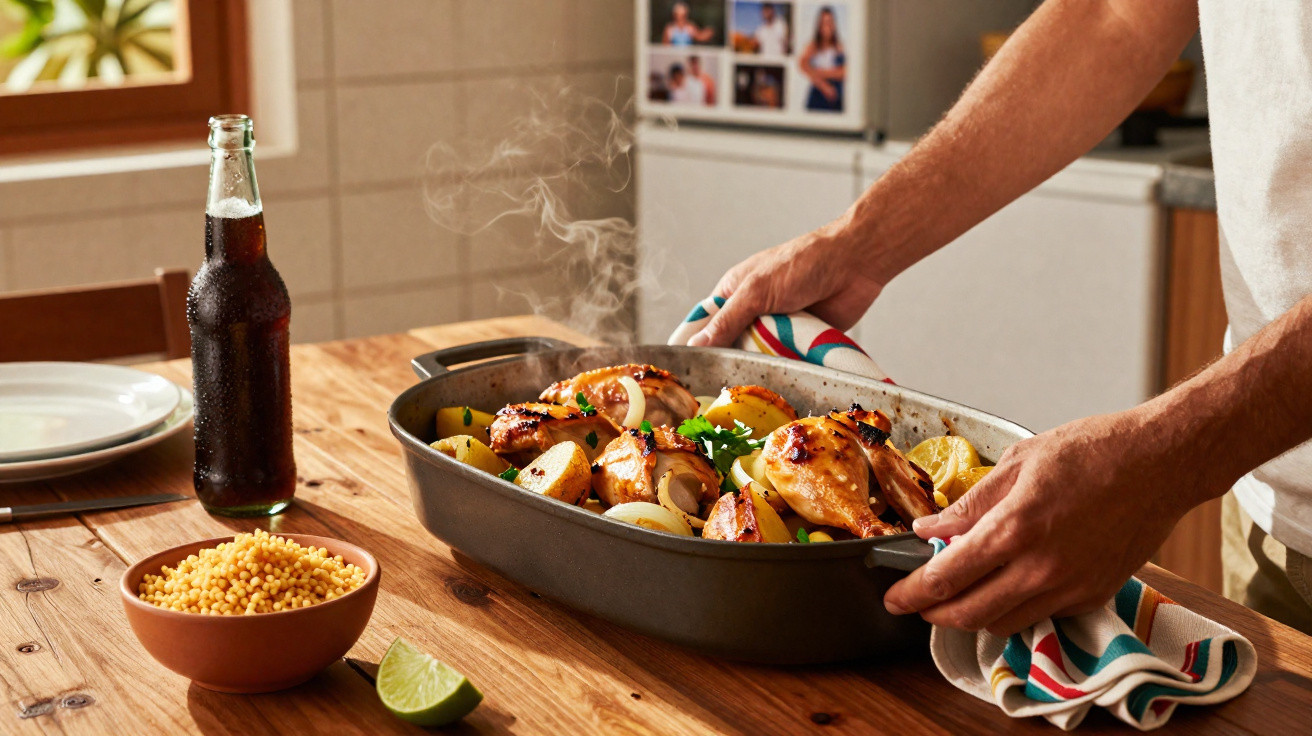 Pessoa a segurar tabuleiro com frango assado e batatas num ambiente de cozinha com bebida e cuscuz.