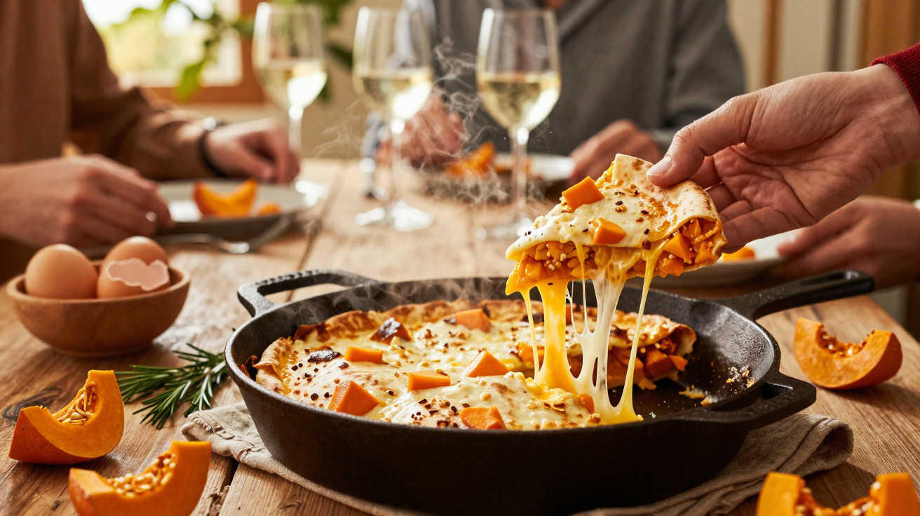 Pessoa a retirar fatia quente de pizza com queijo derretido e pedaços de abóbora numa frigideira preta.