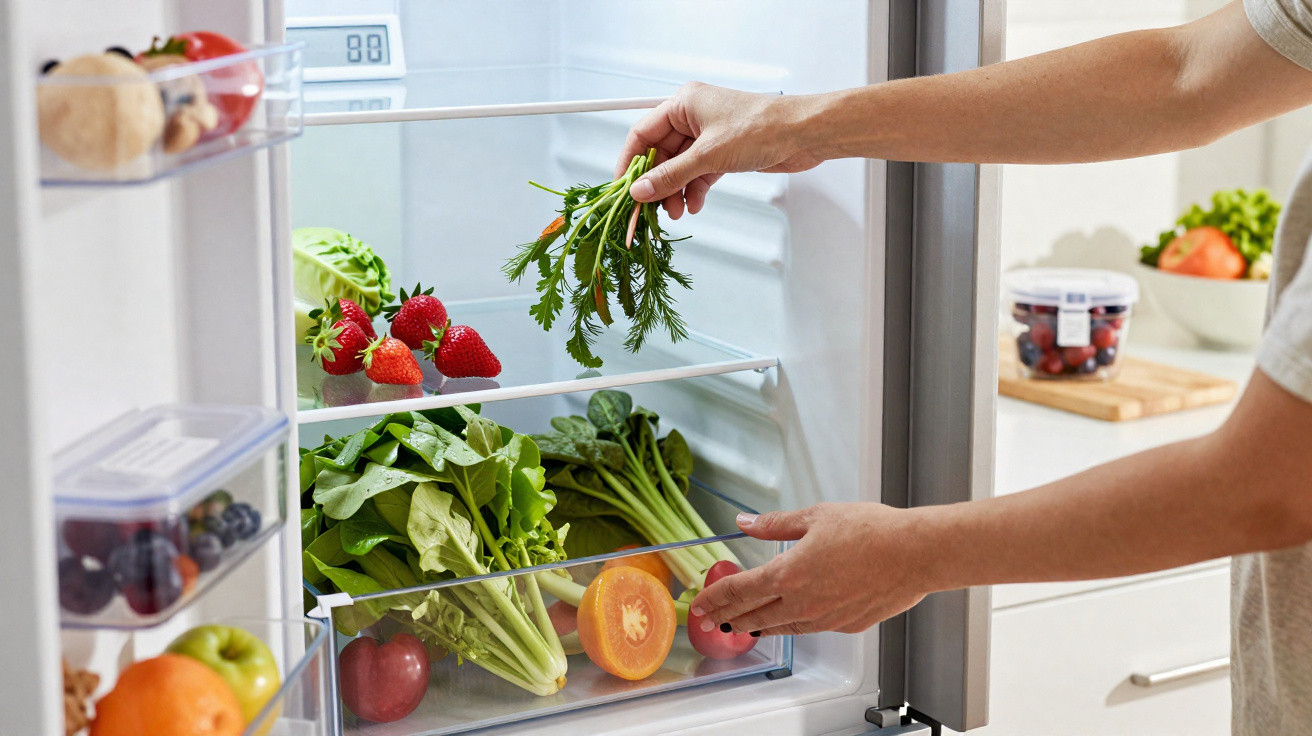 Pessoa a organizar legumes e frutas frescas numa gaveta de frigorífico aberto numa cozinha iluminada.