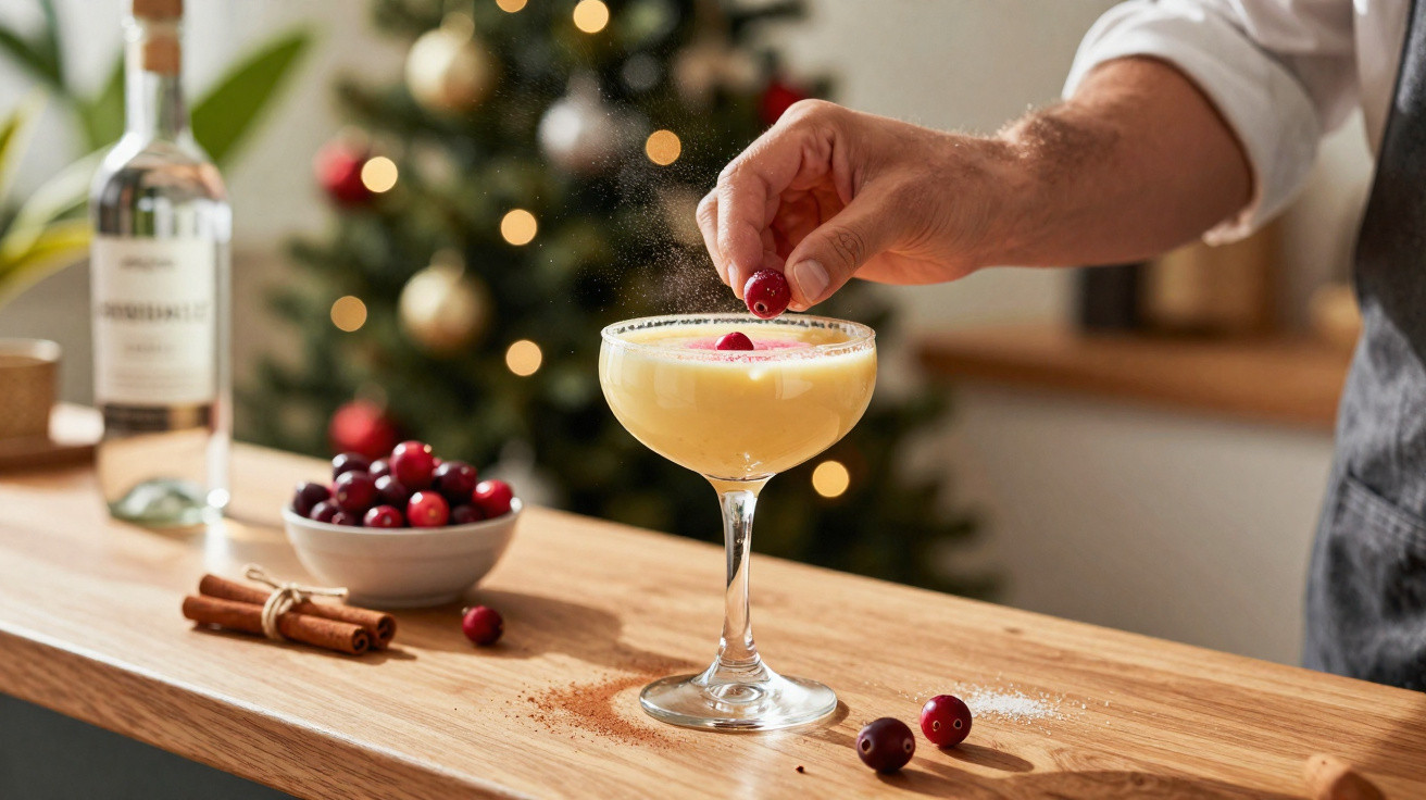 Pessoa a decorar cocktail com uma cereja, com árvores de Natal e especiarias ao fundo.